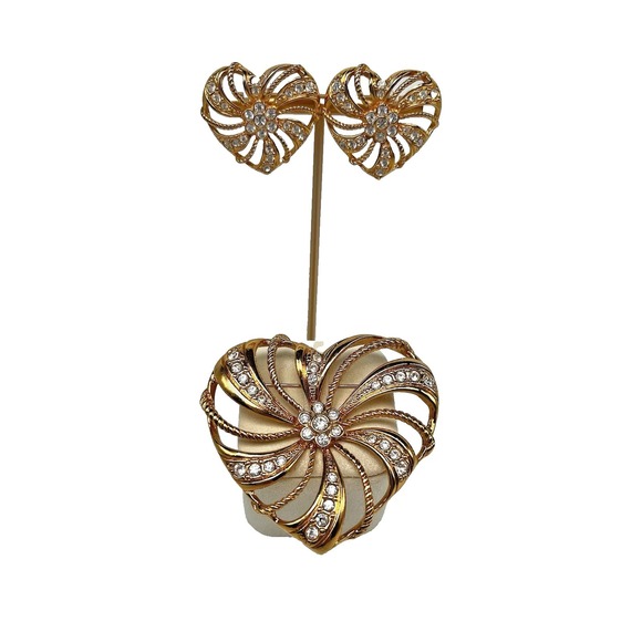 Avon Jewelry - Heart Gold Tone Rhinestone Brooch Pierced Earrings Set ROMANTIC TRELLIS Avon 90s